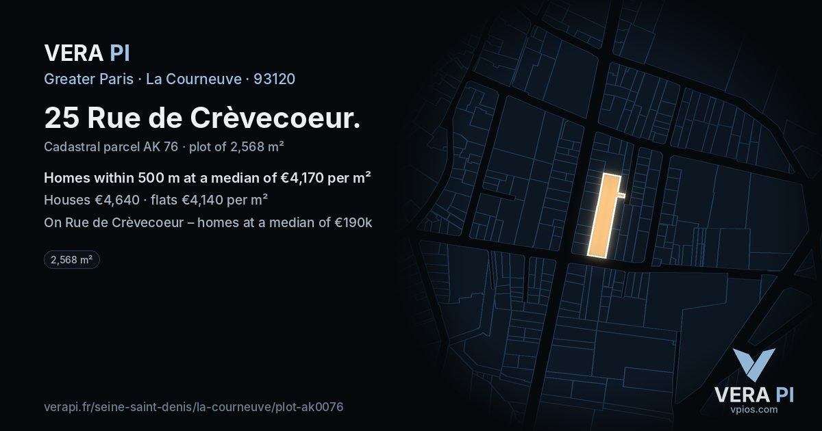 25 Rue de Crèvecoeur, La Courneuve at night – the plot lit, the parcels around coloured by the prices near them