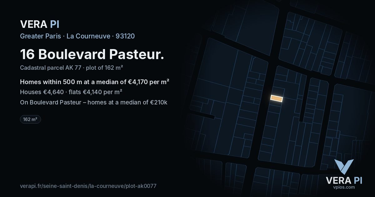 16 Boulevard Pasteur, La Courneuve at night – the plot lit, the parcels around coloured by the prices near them