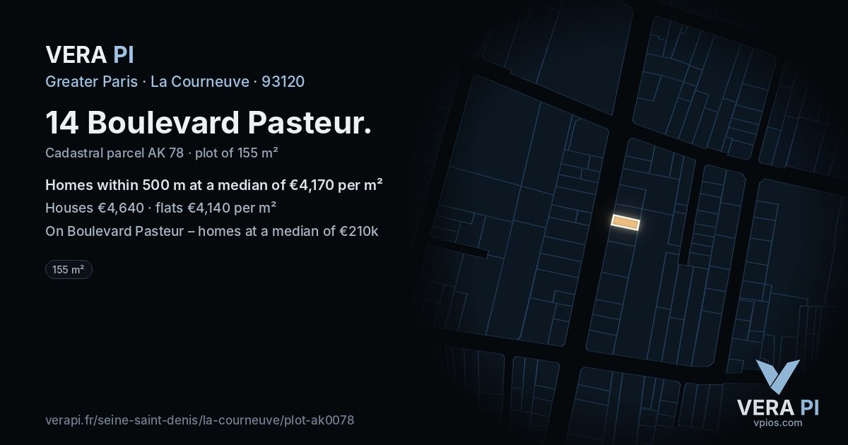 14 Boulevard Pasteur, La Courneuve at night – the plot lit, the parcels around coloured by the prices near them