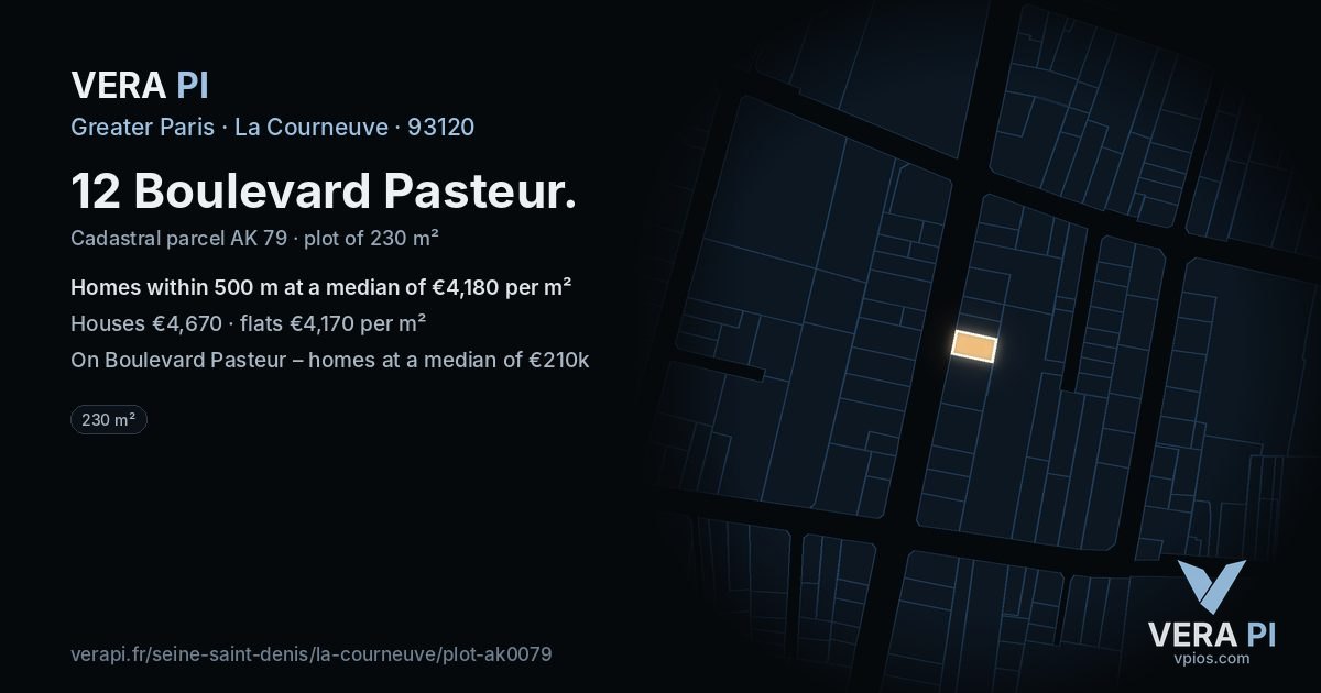12 Boulevard Pasteur, La Courneuve at night – the plot lit, the parcels around coloured by the prices near them