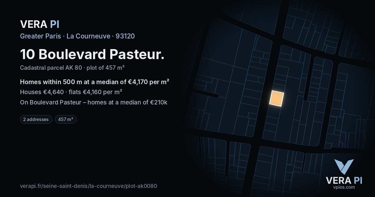10 Boulevard Pasteur, La Courneuve at night – the plot lit, the parcels around coloured by the prices near them