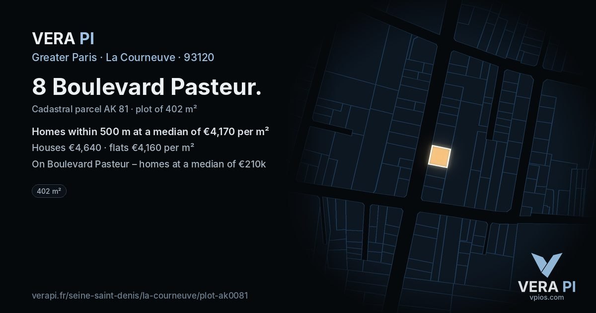 8 Boulevard Pasteur, La Courneuve at night – the plot lit, the parcels around coloured by the prices near them