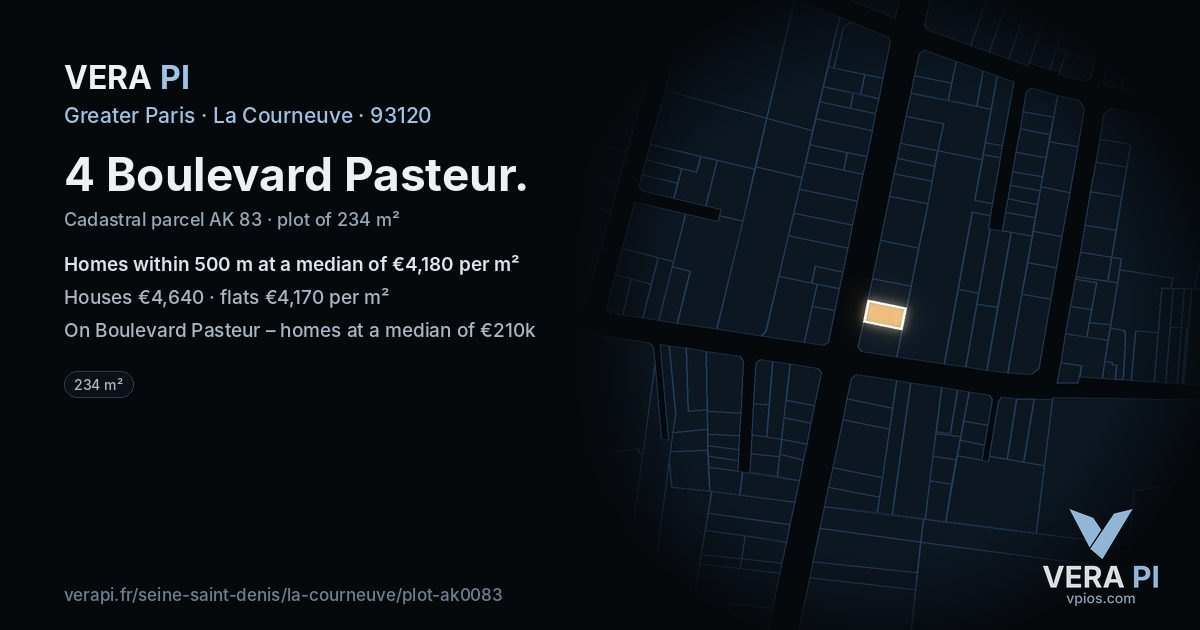 4 Boulevard Pasteur, La Courneuve at night – the plot lit, the parcels around coloured by the prices near them
