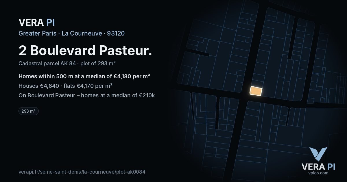 2 Boulevard Pasteur, La Courneuve at night – the plot lit, the parcels around coloured by the prices near them