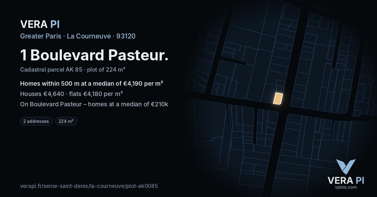 1 Boulevard Pasteur, La Courneuve at night – the plot lit, the parcels around coloured by the prices near them