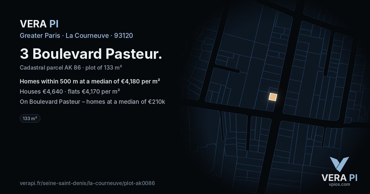 3 Boulevard Pasteur, La Courneuve at night – the plot lit, the parcels around coloured by the prices near them