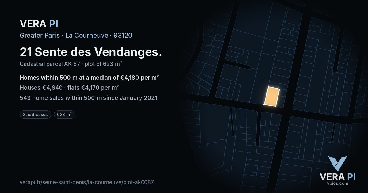 21 Sente des Vendanges, La Courneuve at night – the plot lit, the parcels around coloured by the prices near them