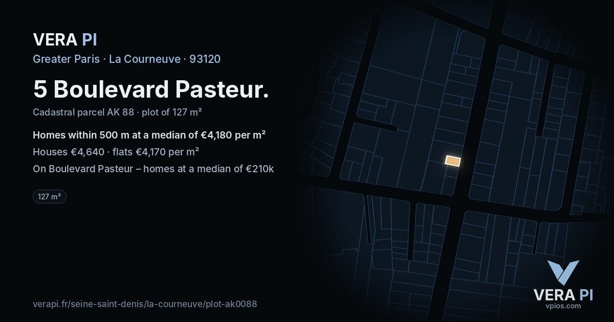 5 Boulevard Pasteur, La Courneuve at night – the plot lit, the parcels around coloured by the prices near them