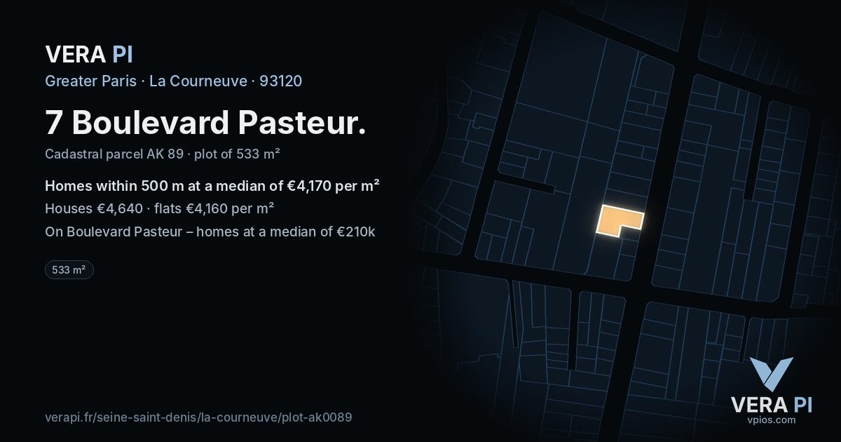 7 Boulevard Pasteur, La Courneuve at night – the plot lit, the parcels around coloured by the prices near them