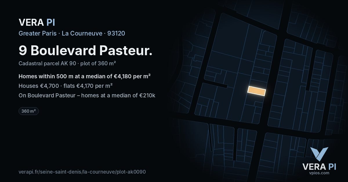 9 Boulevard Pasteur, La Courneuve at night – the plot lit, the parcels around coloured by the prices near them