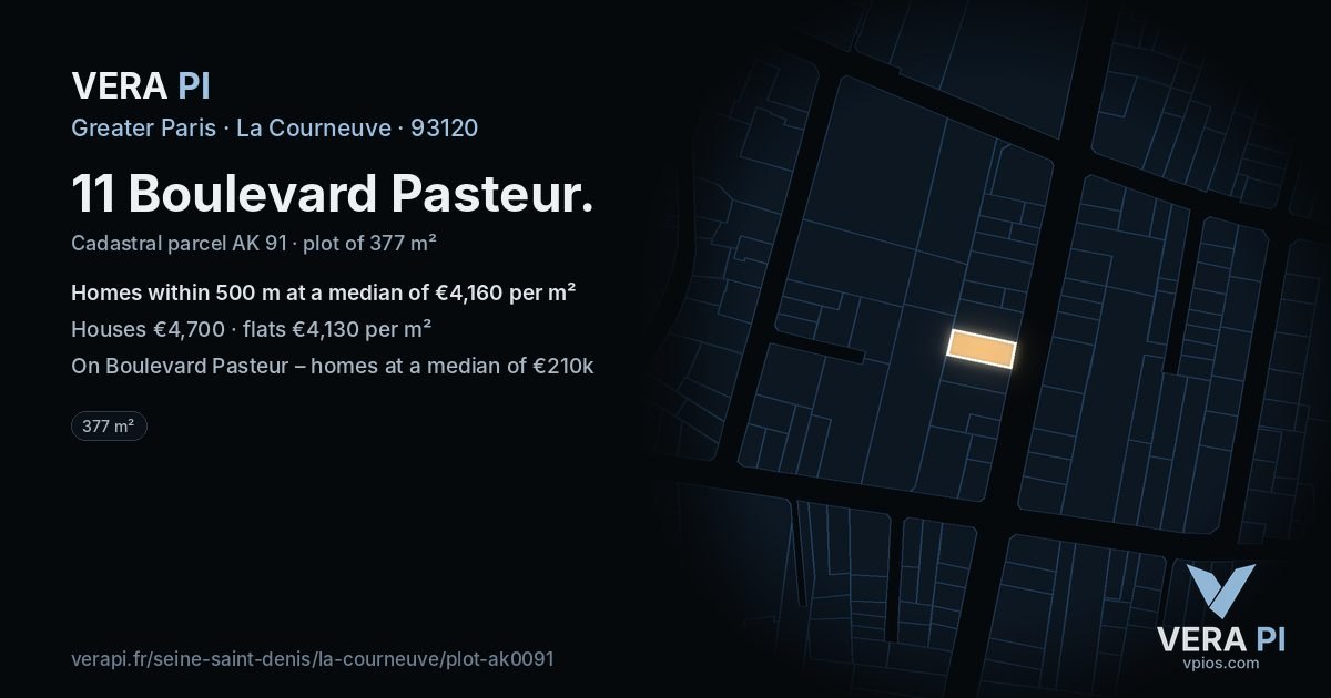11 Boulevard Pasteur, La Courneuve at night – the plot lit, the parcels around coloured by the prices near them