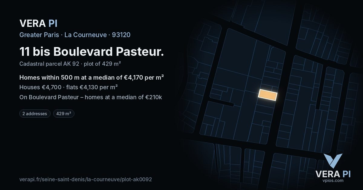 11 bis Boulevard Pasteur, La Courneuve at night – the plot lit, the parcels around coloured by the prices near them