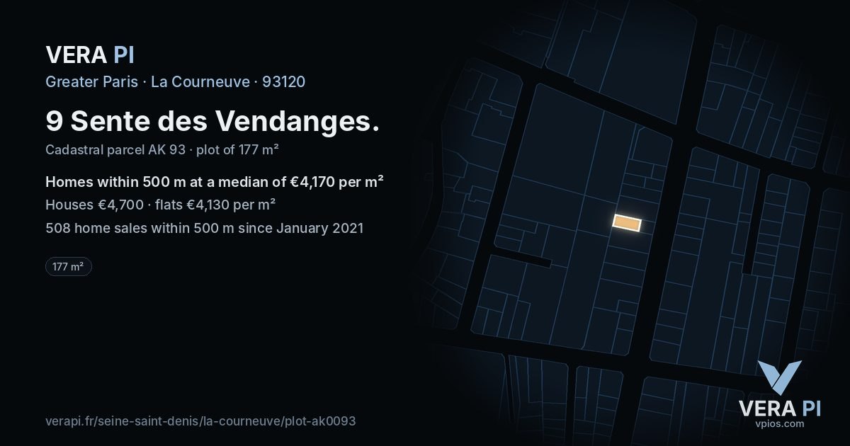 9 Sente des Vendanges, La Courneuve at night – the plot lit, the parcels around coloured by the prices near them