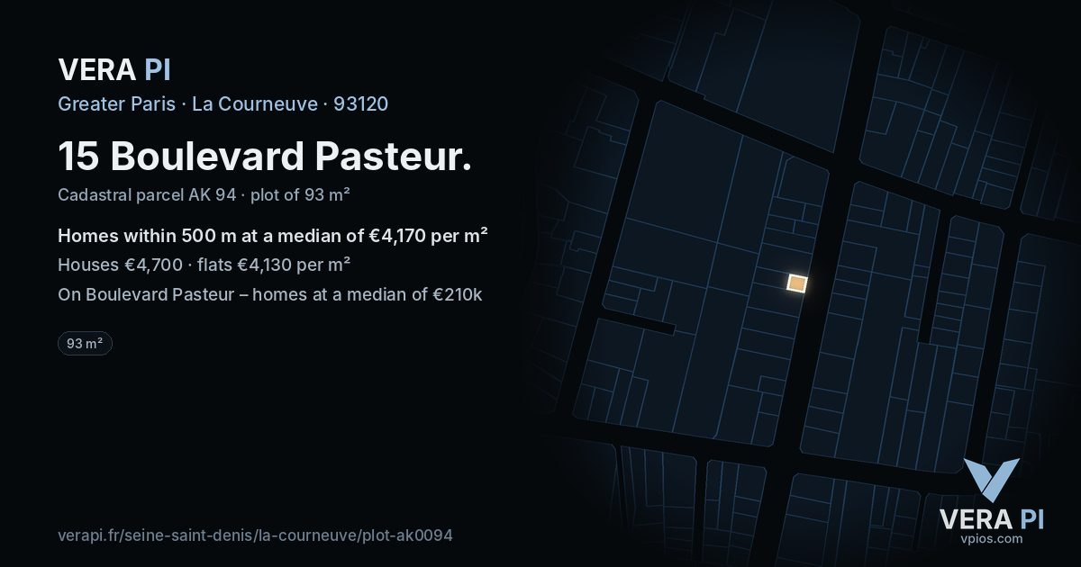 15 Boulevard Pasteur, La Courneuve at night – the plot lit, the parcels around coloured by the prices near them