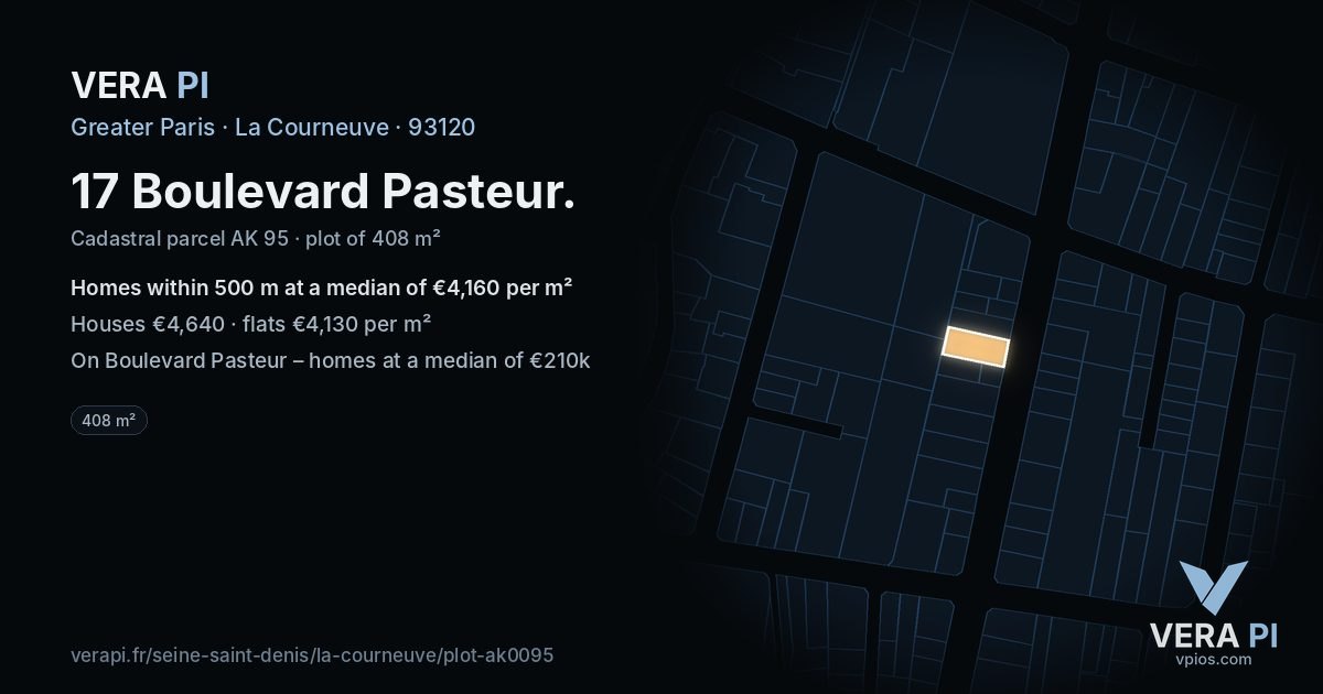17 Boulevard Pasteur, La Courneuve at night – the plot lit, the parcels around coloured by the prices near them