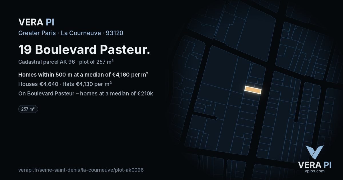 19 Boulevard Pasteur, La Courneuve at night – the plot lit, the parcels around coloured by the prices near them