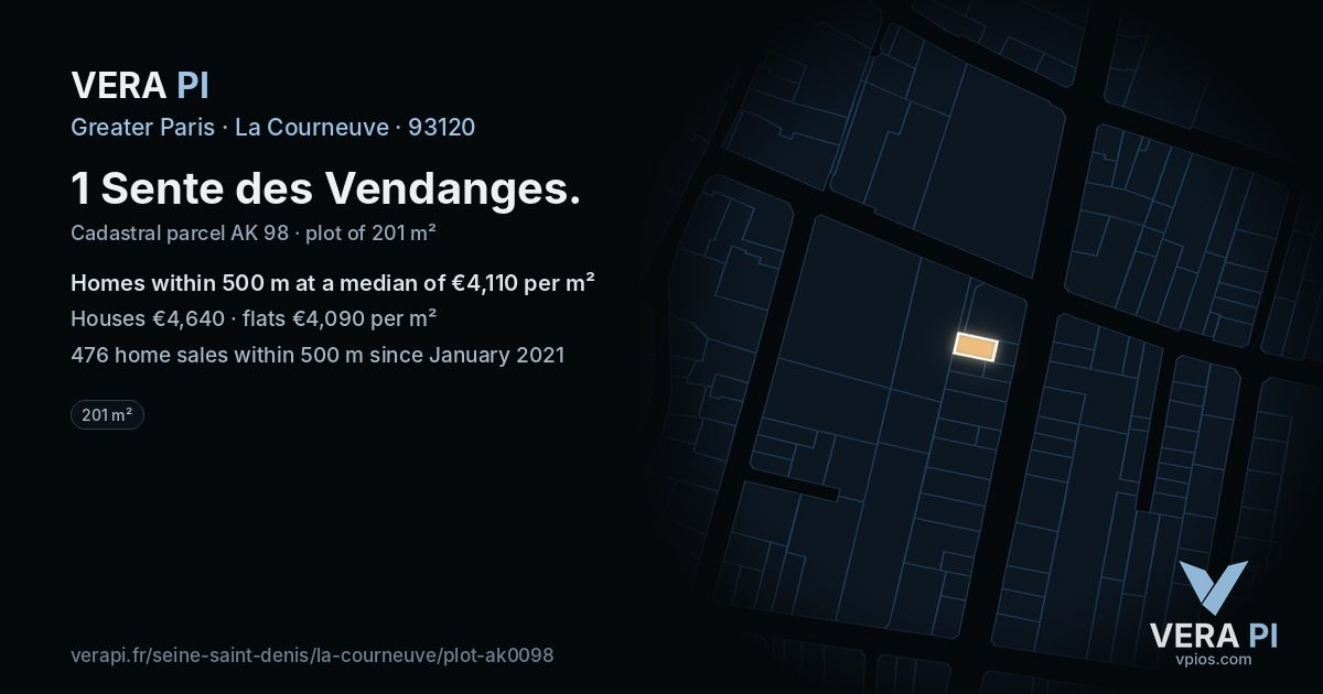 1 Sente des Vendanges, La Courneuve at night – the plot lit, the parcels around coloured by the prices near them
