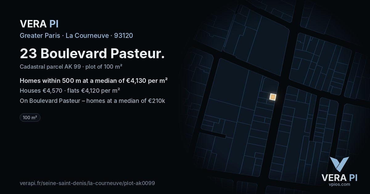 23 Boulevard Pasteur, La Courneuve at night – the plot lit, the parcels around coloured by the prices near them