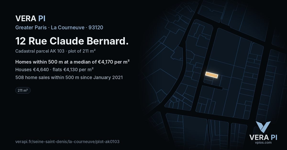 12 Rue Claude Bernard, La Courneuve at night – the plot lit, the parcels around coloured by the prices near them