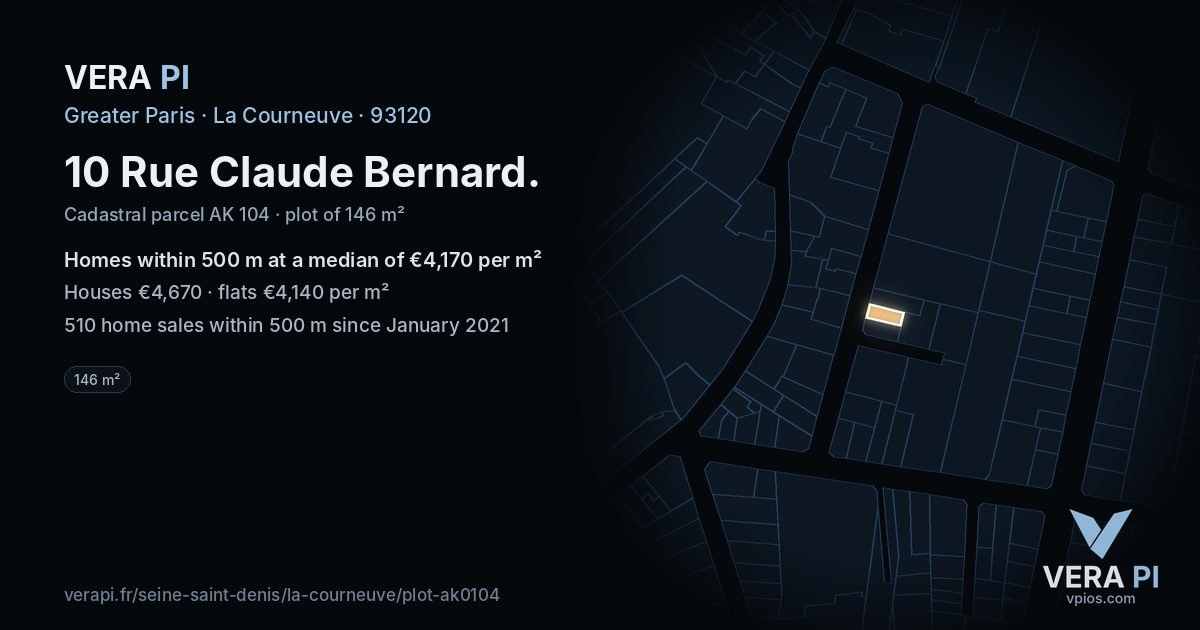 10 Rue Claude Bernard, La Courneuve at night – the plot lit, the parcels around coloured by the prices near them