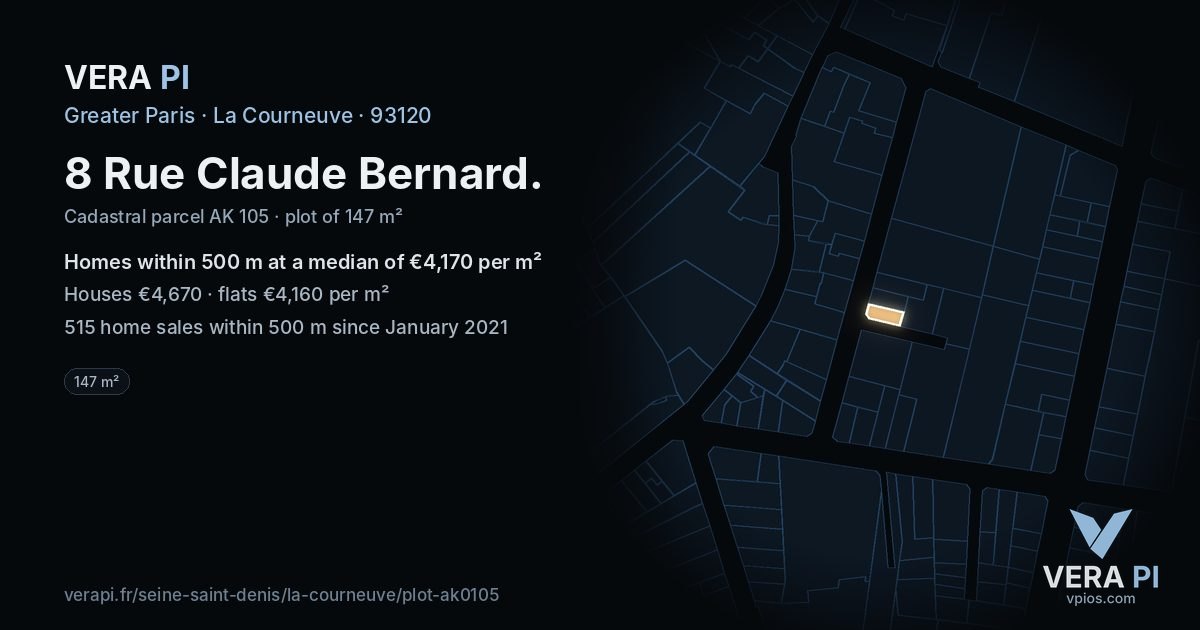 8 Rue Claude Bernard, La Courneuve at night – the plot lit, the parcels around coloured by the prices near them
