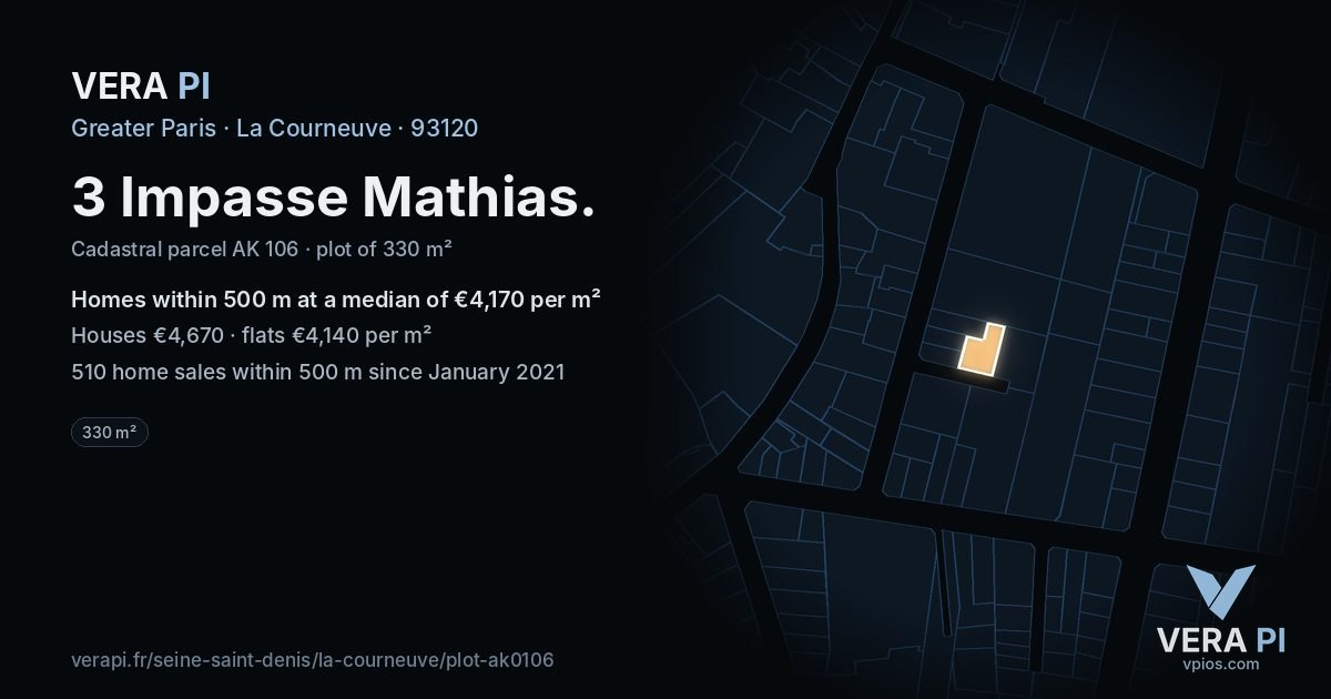 3 Impasse Mathias, La Courneuve at night – the plot lit, the parcels around coloured by the prices near them
