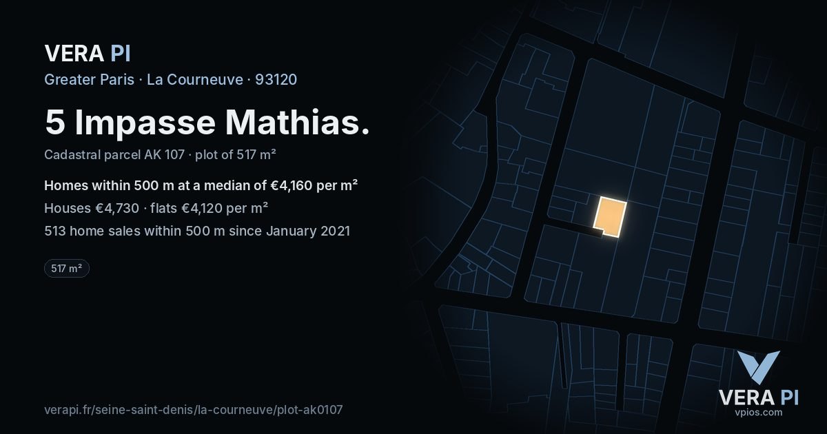 5 Impasse Mathias, La Courneuve at night – the plot lit, the parcels around coloured by the prices near them