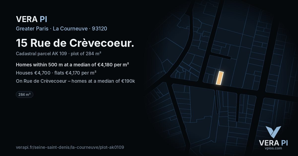 15 Rue de Crèvecoeur, La Courneuve at night – the plot lit, the parcels around coloured by the prices near them