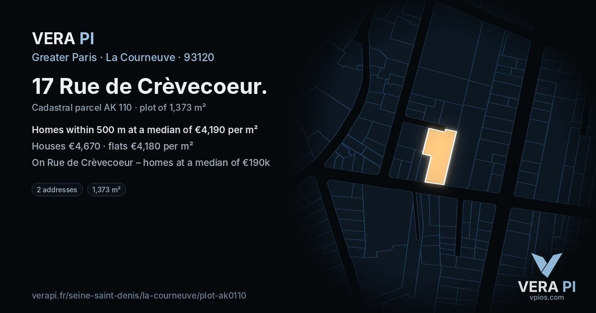 17 Rue de Crèvecoeur, La Courneuve at night – the plot lit, the parcels around coloured by the prices near them