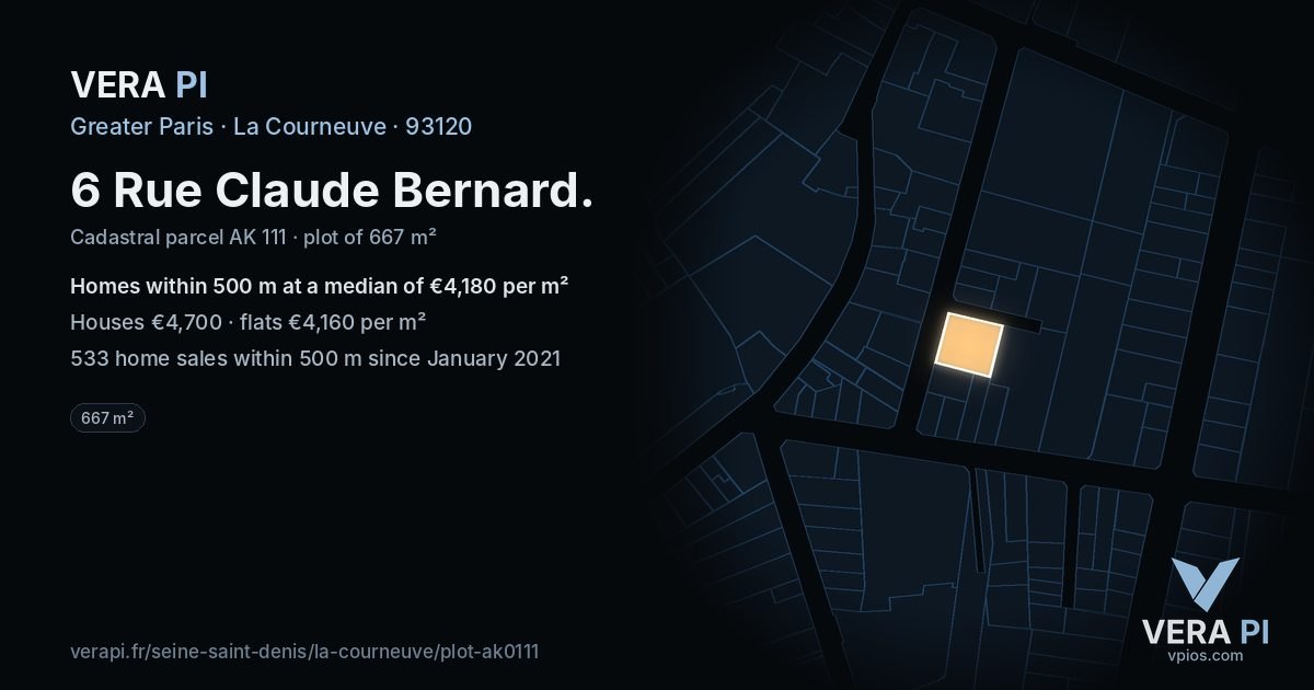 6 Rue Claude Bernard, La Courneuve at night – the plot lit, the parcels around coloured by the prices near them