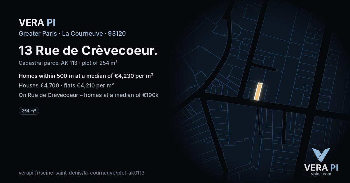 13 Rue de Crèvecoeur, La Courneuve at night – the plot lit, the parcels around coloured by the prices near them