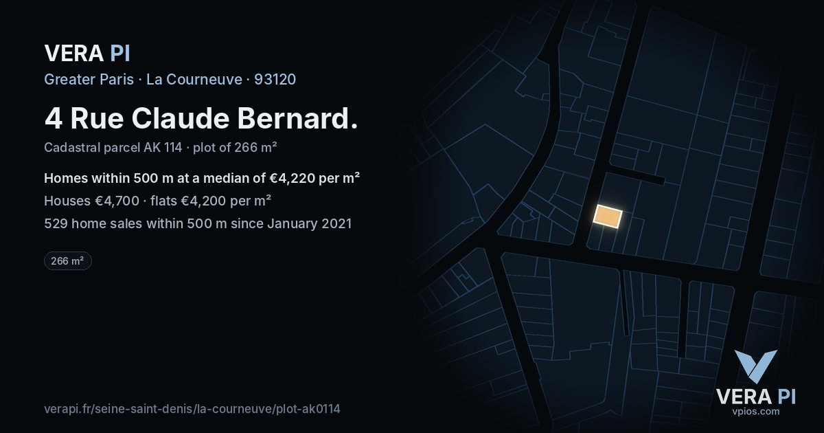 4 Rue Claude Bernard, La Courneuve at night – the plot lit, the parcels around coloured by the prices near them