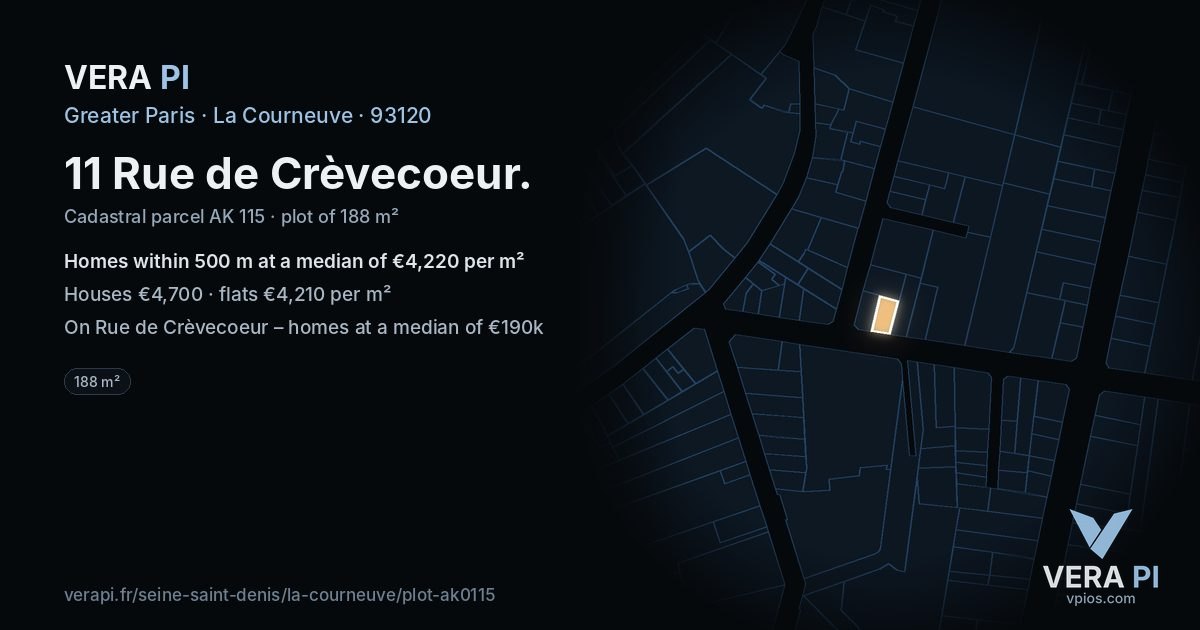 11 Rue de Crèvecoeur, La Courneuve at night – the plot lit, the parcels around coloured by the prices near them