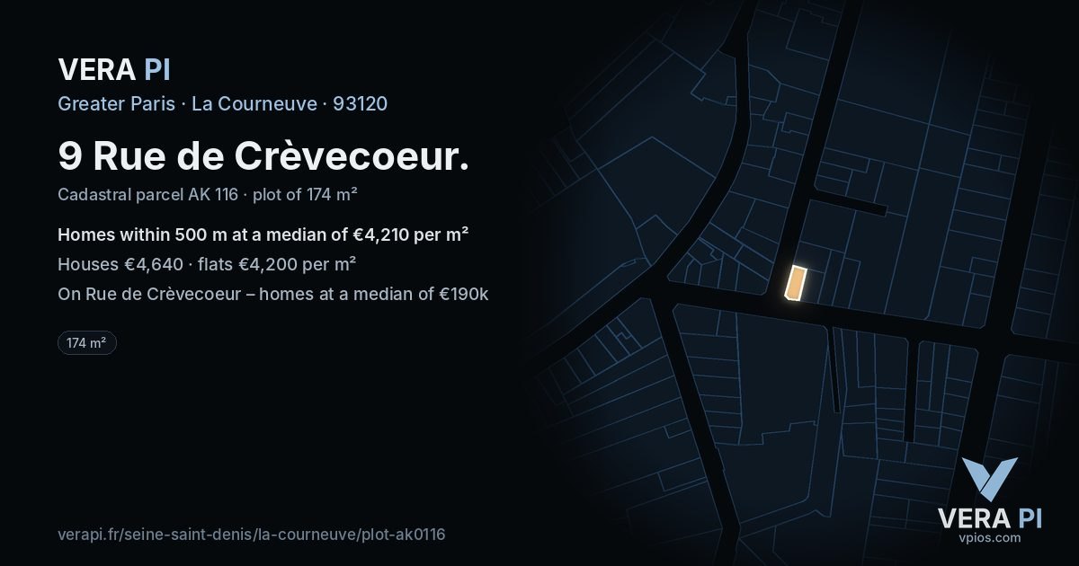 9 Rue de Crèvecoeur, La Courneuve at night – the plot lit, the parcels around coloured by the prices near them
