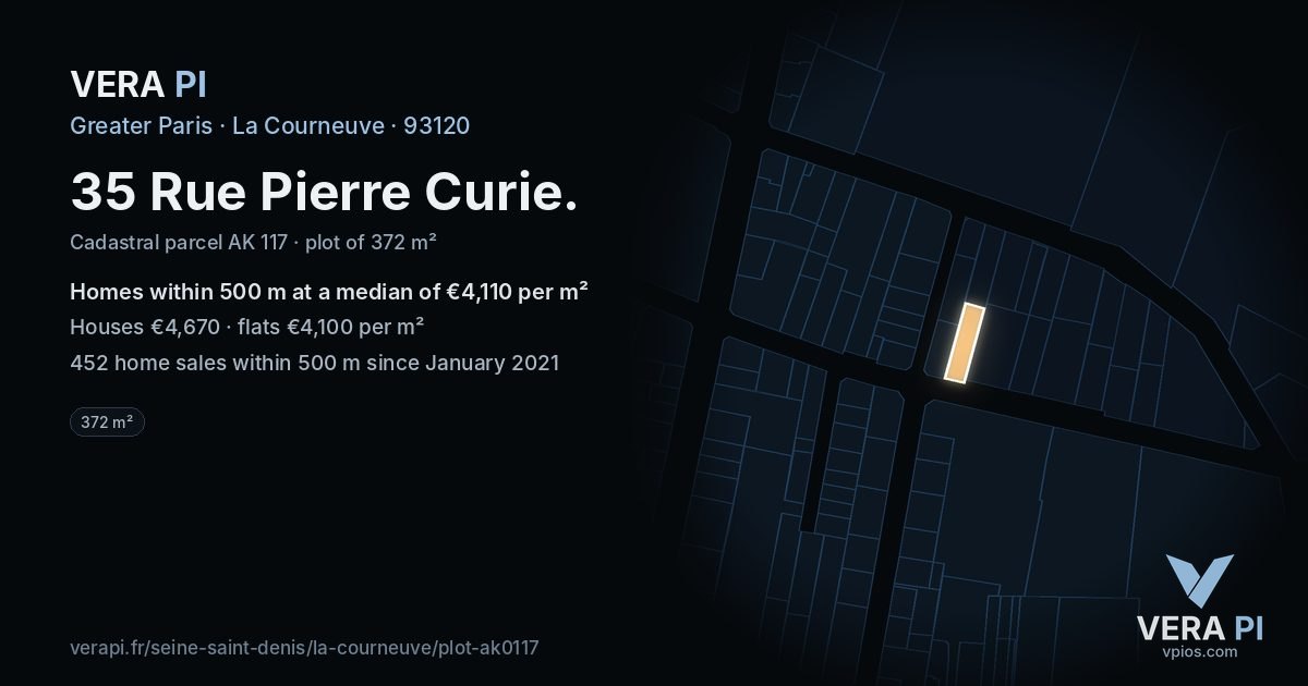 35 Rue Pierre Curie, La Courneuve at night – the plot lit, the parcels around coloured by the prices near them