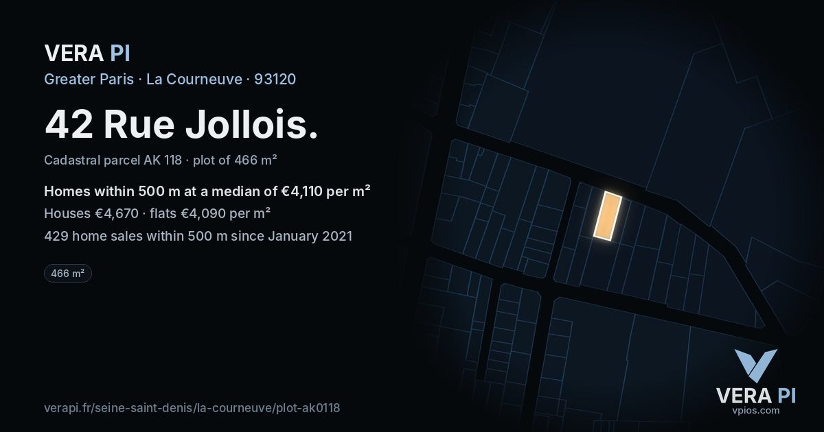 42 Rue Jollois, La Courneuve at night – the plot lit, the parcels around coloured by the prices near them