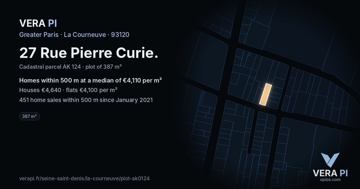 27 Rue Pierre Curie, La Courneuve at night – the plot lit, the parcels around coloured by the prices near them