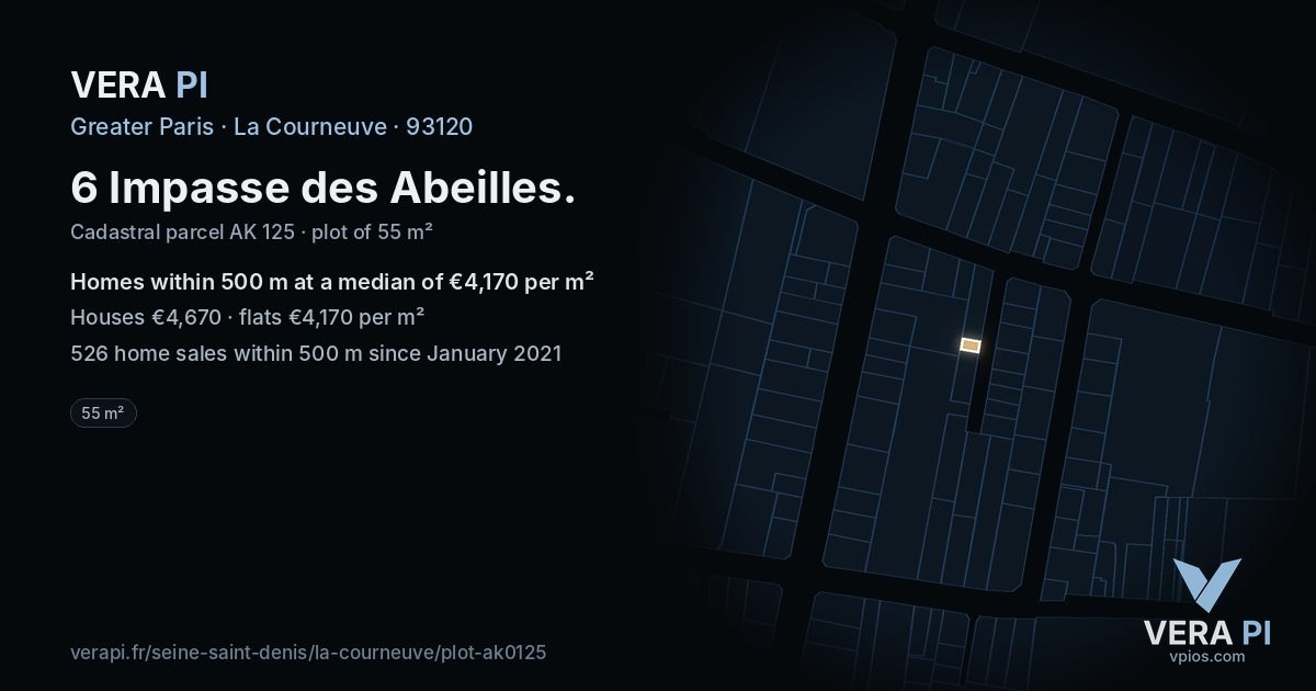 6 Impasse des Abeilles, La Courneuve at night – the plot lit, the parcels around coloured by the prices near them