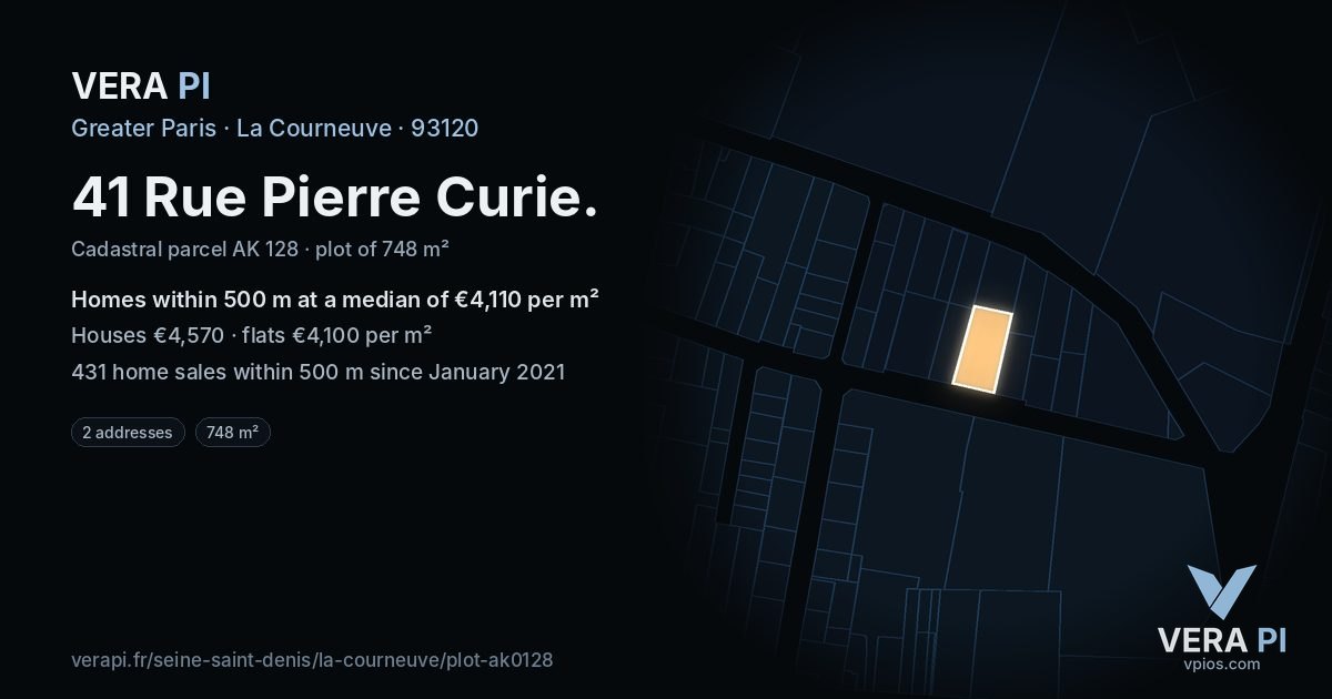 41 Rue Pierre Curie, La Courneuve at night – the plot lit, the parcels around coloured by the prices near them