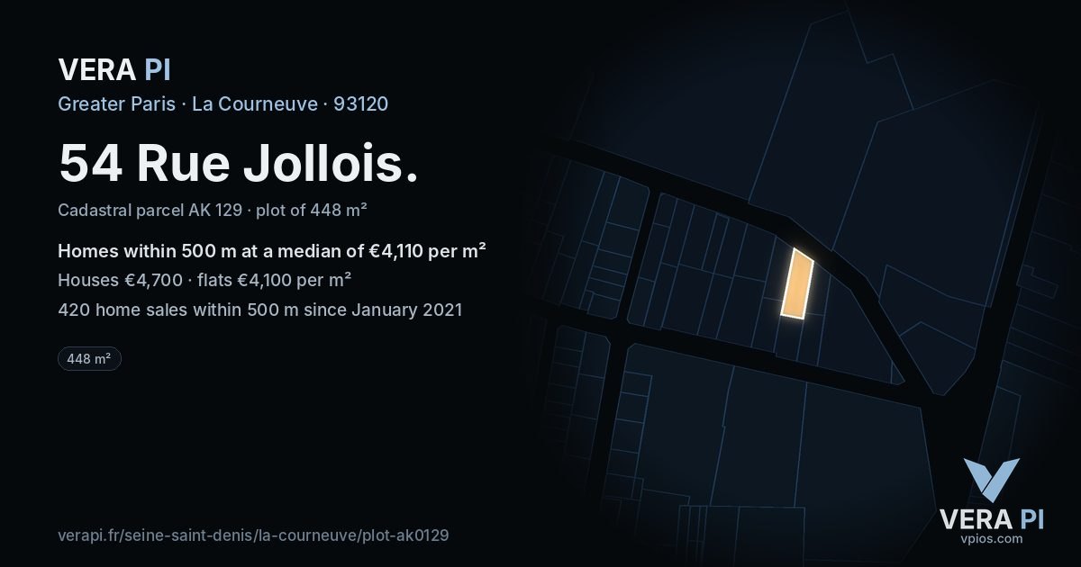 54 Rue Jollois, La Courneuve at night – the plot lit, the parcels around coloured by the prices near them