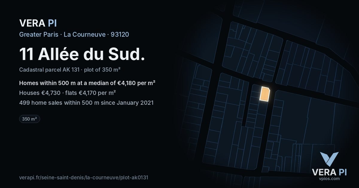 11 Allée du Sud, La Courneuve at night – the plot lit, the parcels around coloured by the prices near them