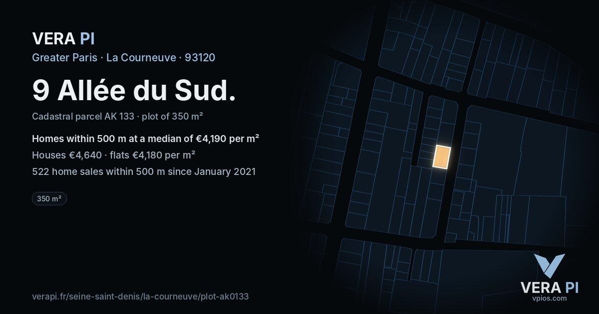 9 Allée du Sud, La Courneuve at night – the plot lit, the parcels around coloured by the prices near them