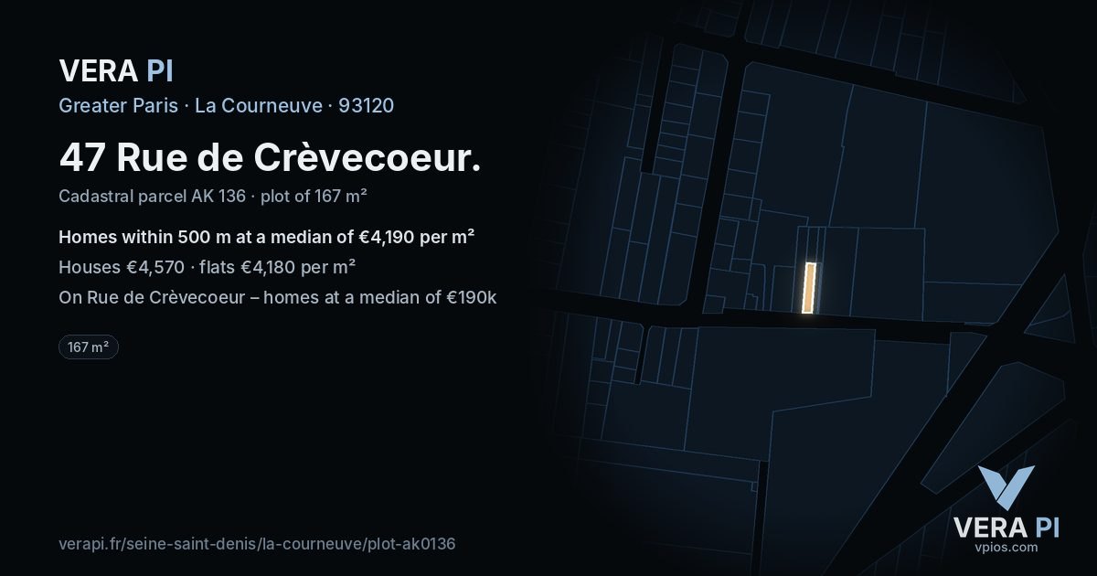 47 Rue de Crèvecoeur, La Courneuve at night – the plot lit, the parcels around coloured by the prices near them