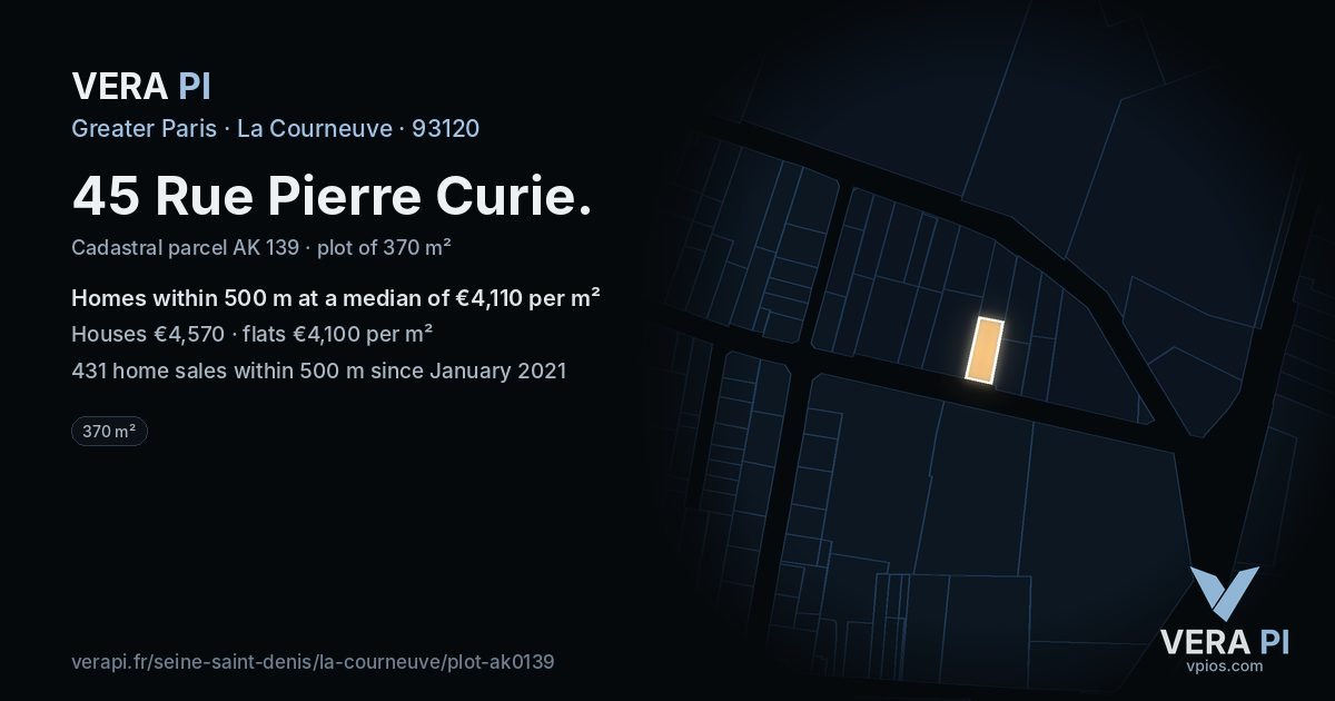 45 Rue Pierre Curie, La Courneuve at night – the plot lit, the parcels around coloured by the prices near them