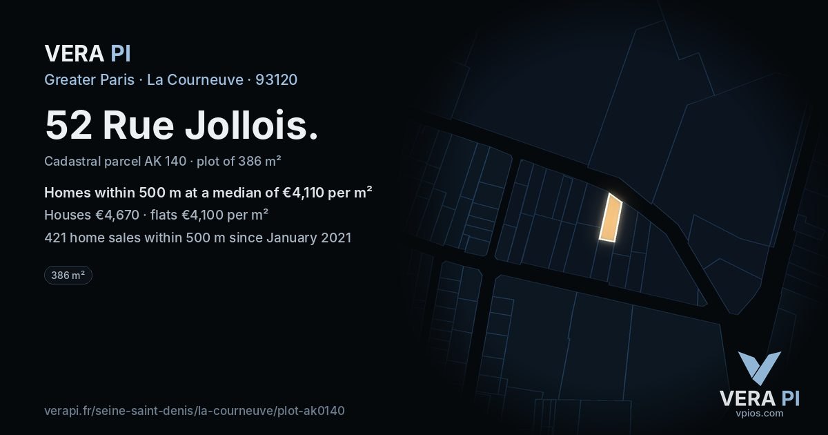 52 Rue Jollois, La Courneuve at night – the plot lit, the parcels around coloured by the prices near them