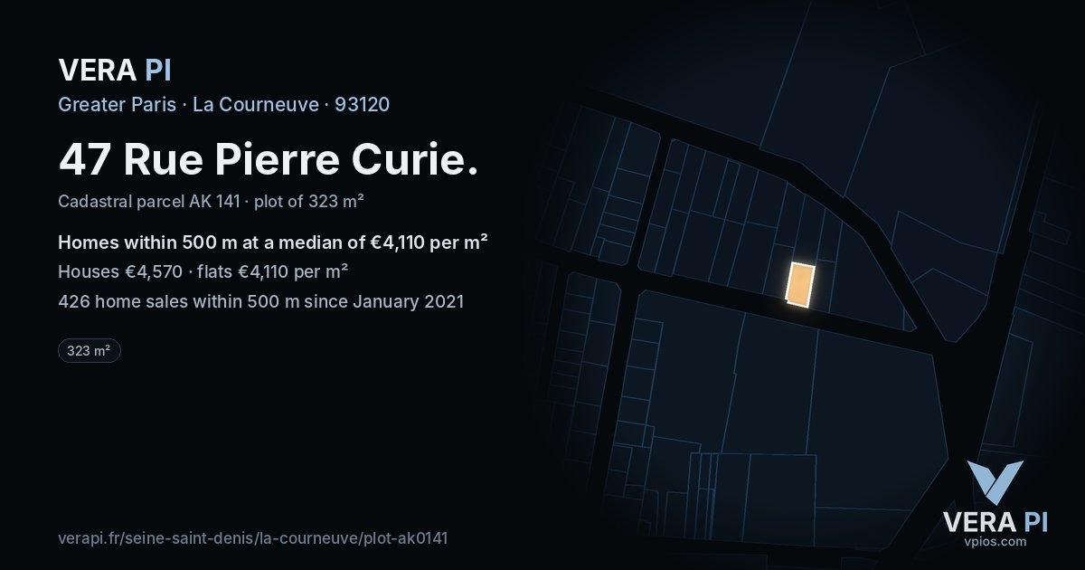 47 Rue Pierre Curie, La Courneuve at night – the plot lit, the parcels around coloured by the prices near them