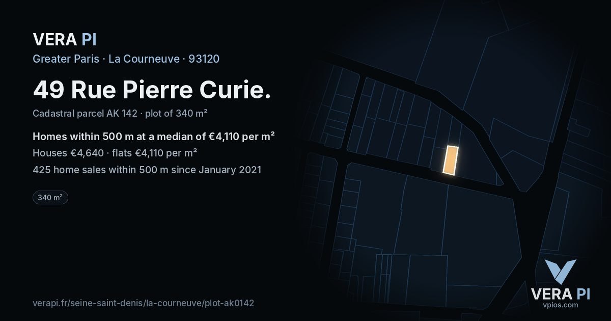 49 Rue Pierre Curie, La Courneuve at night – the plot lit, the parcels around coloured by the prices near them