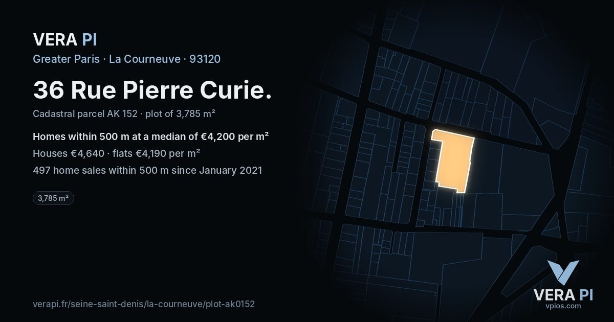 36 Rue Pierre Curie, La Courneuve at night – the plot lit, the parcels around coloured by the prices near them