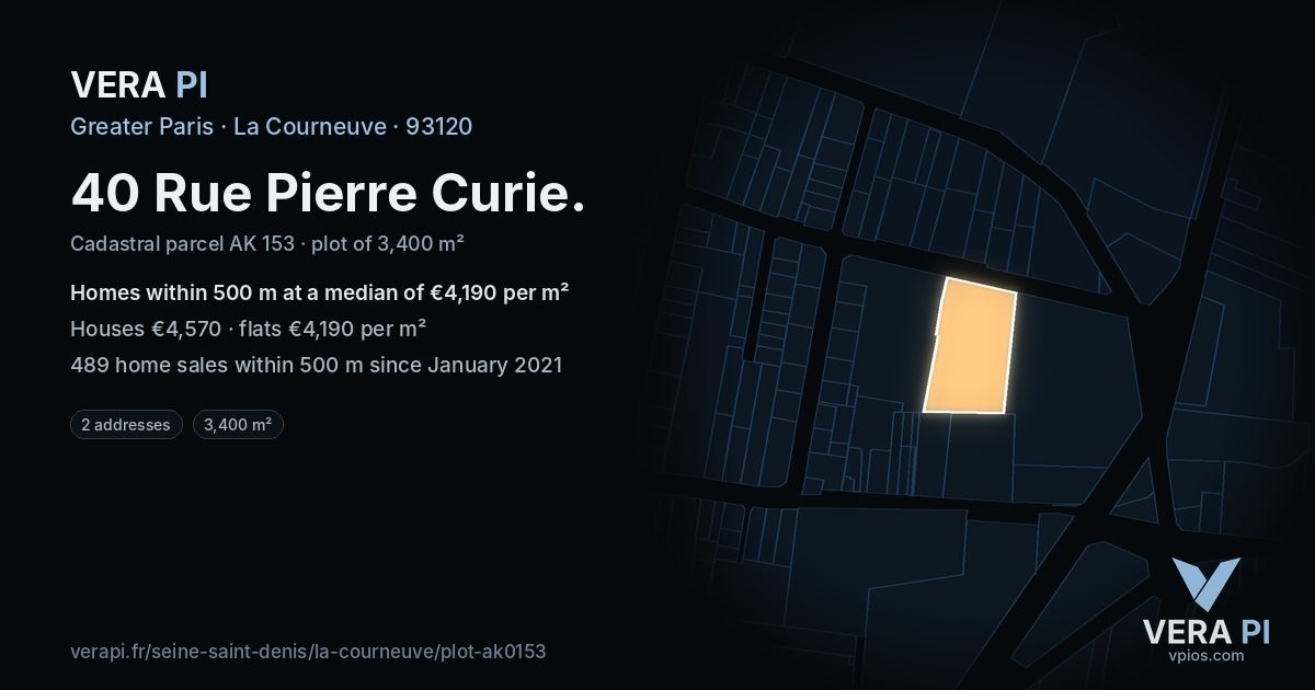 40 Rue Pierre Curie, La Courneuve at night – the plot lit, the parcels around coloured by the prices near them