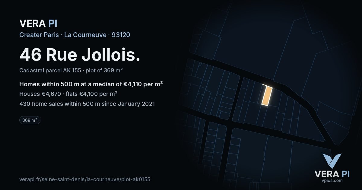 46 Rue Jollois, La Courneuve at night – the plot lit, the parcels around coloured by the prices near them